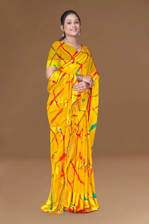 Bright_Yellow_Leheriya_Print_Saree_With_Multicolor_Stripes