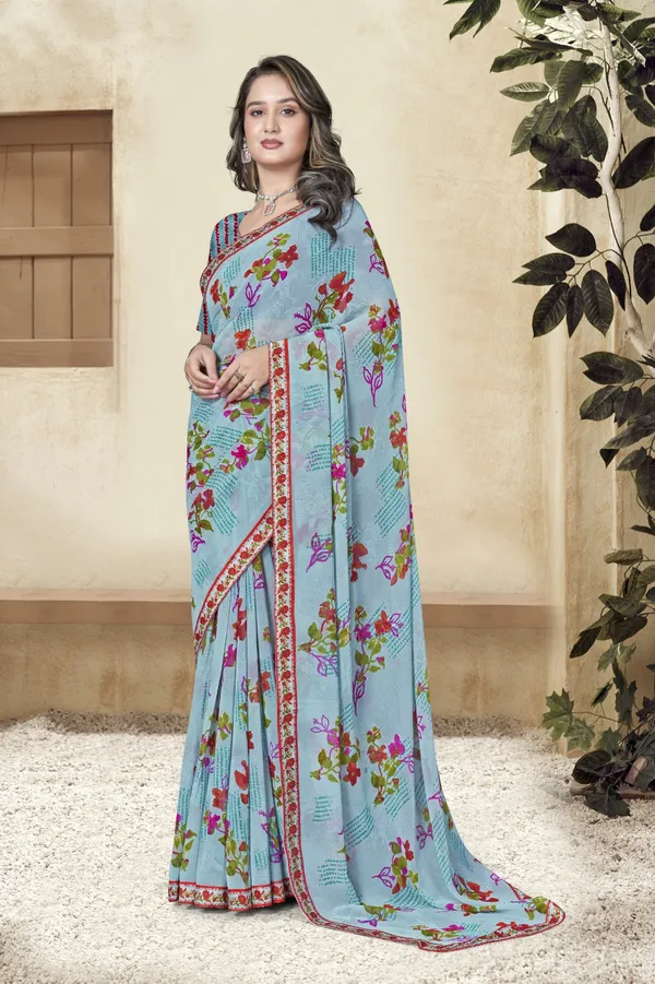 Sky_Blue_Floral_Printed_Saree_With_Embroidered_Border_And_Striped_Blouse