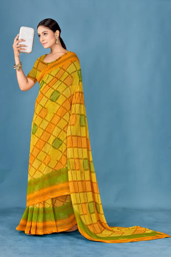 Women_Yellow_And_Green_Checkered_Bandhani_Saree_With_Blouse