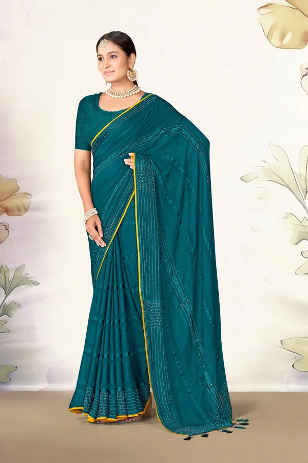 Elegant_Teal_Chiffon_Saree_With_Yellow_Border_And_Embellished_Detailing