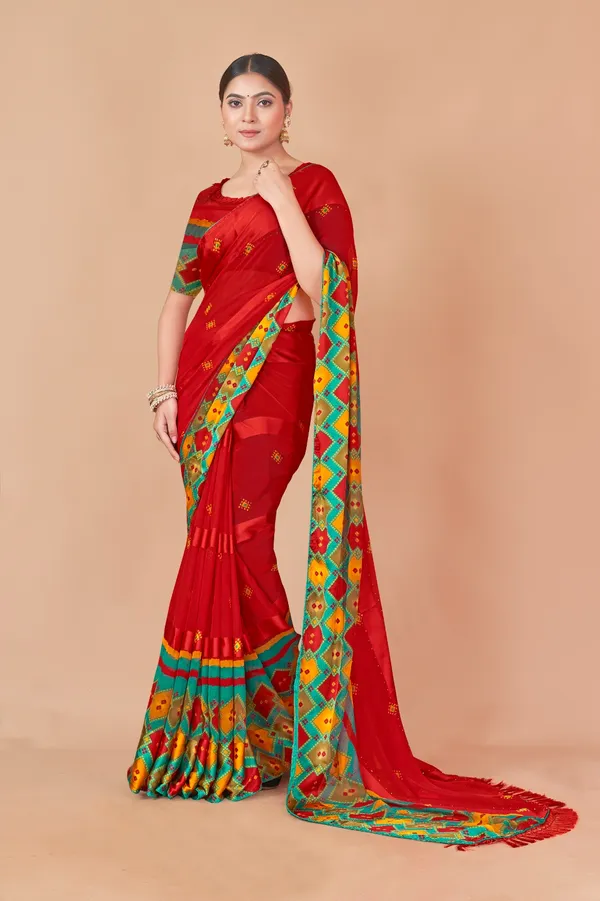 Red_Silk_Saree_With_Multicolor_Phulkari_Border_And_Golden_Butti_Work