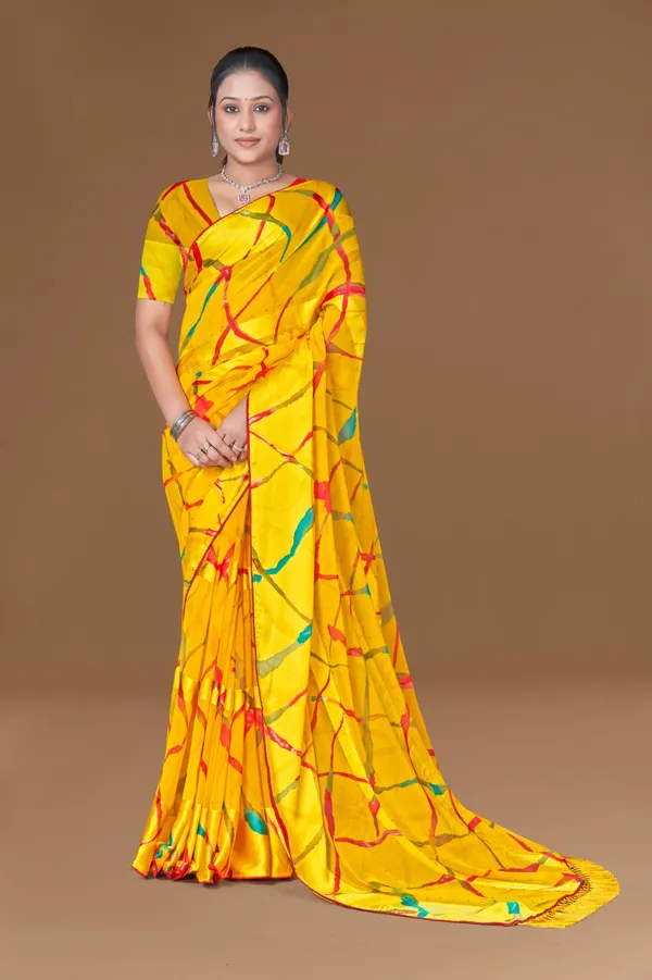 Bright_Yellow_Leheriya_Print_Saree_With_Multicolor_Stripes
