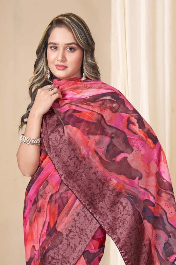 Printed_Georgette_Saree_With_Decorative_Tassels_-_Pink_&_Brown_Floral_Design