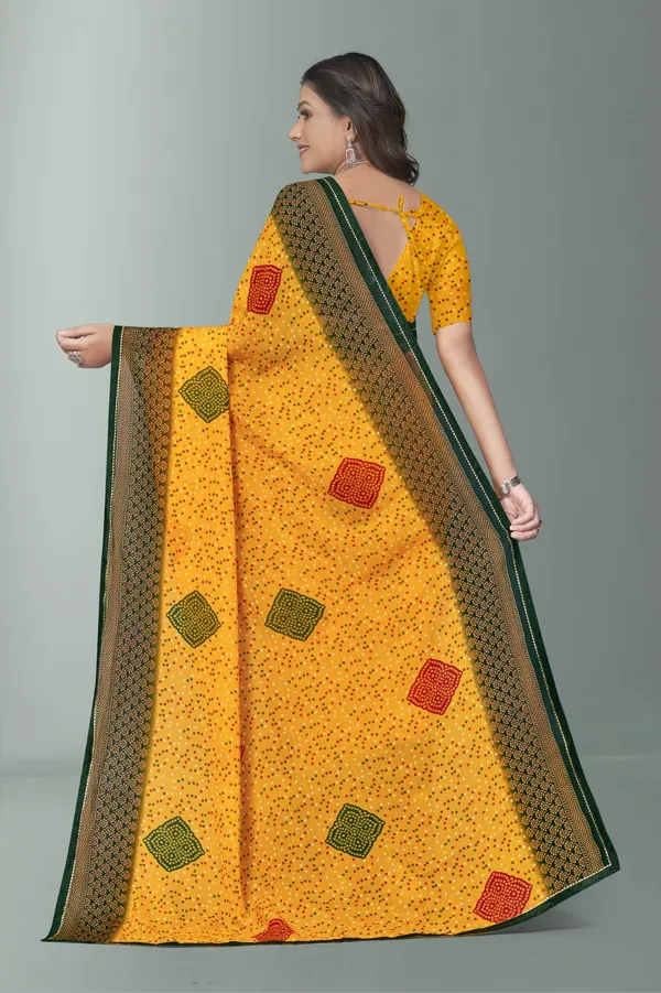 Yellow_Bandhani_Saree_With_Green_Border_And_Patchwork