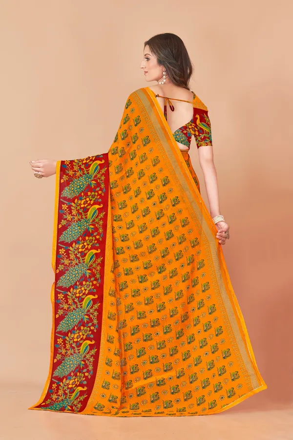 Vibrant_Multicolor_Peacock_Print_Saree_With_Orange_Border