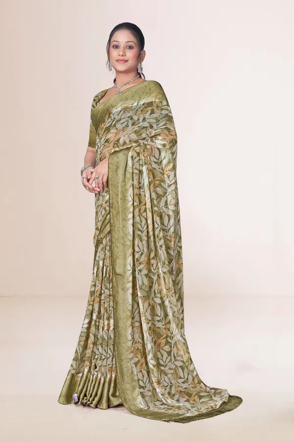 Olive_Green_Floral_Print_Saree_With_Leaf_Pattern_And_Border