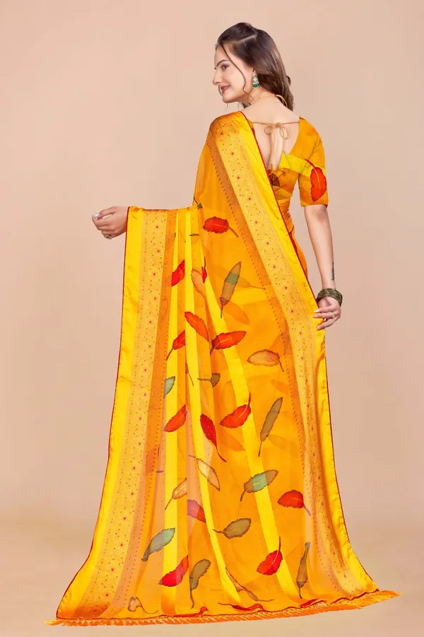 Yellow_Printed_Saree_With_Embellished_Border_And_Matching_Blouse