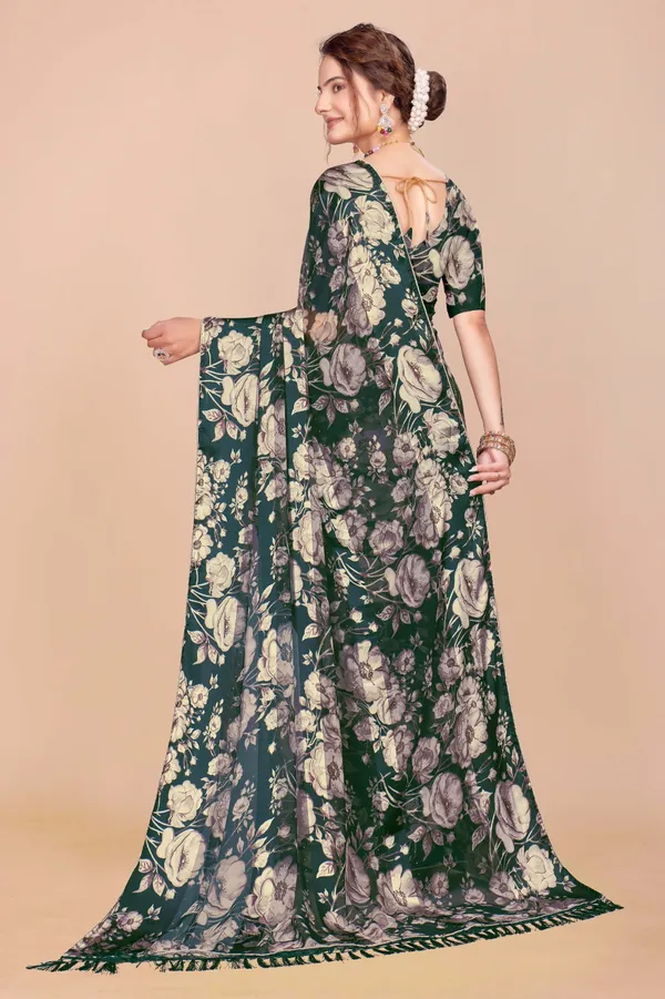 Dark_Green_Floral_Print_Saree_For_Women