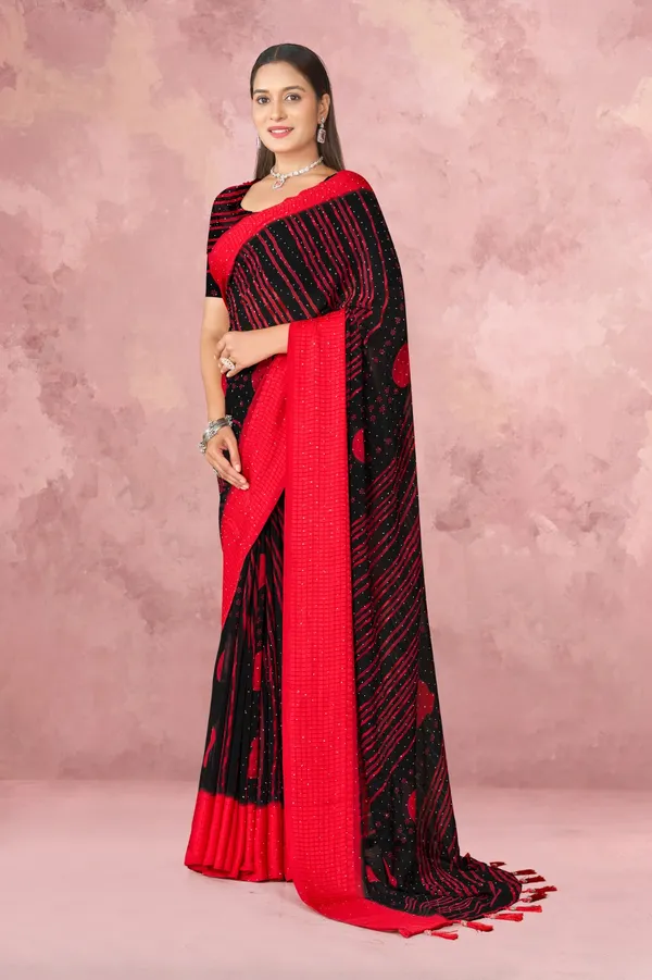 Black_And_Red_Sequin_Embellished_Georgette_Saree_With_Tassels