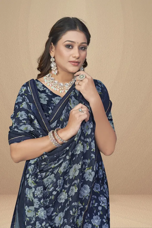 Navy_Blue_Floral_Printed_Saree_With_Matching_Blouse