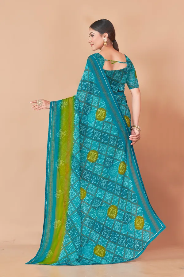 Turquoise_Blue_And_Olive_Green_Bandhani_Print_Saree_With_Border