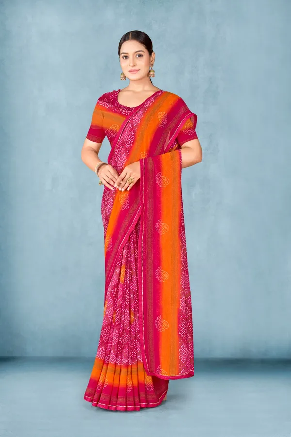 Pink_And_Orange_Bandhani_Print_Saree_With_Contrast_Border