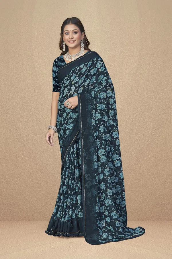 Navy_Blue_Floral_Print_Georgette_Saree_With_Matching_Blouse