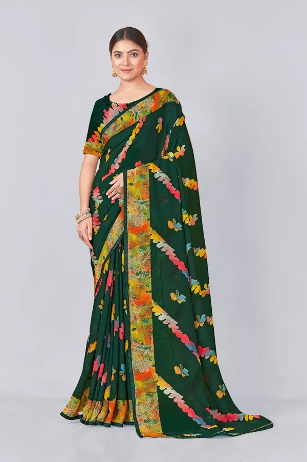 Dark_Green_Floral_Embroidered_Saree_With_Contrast_Border