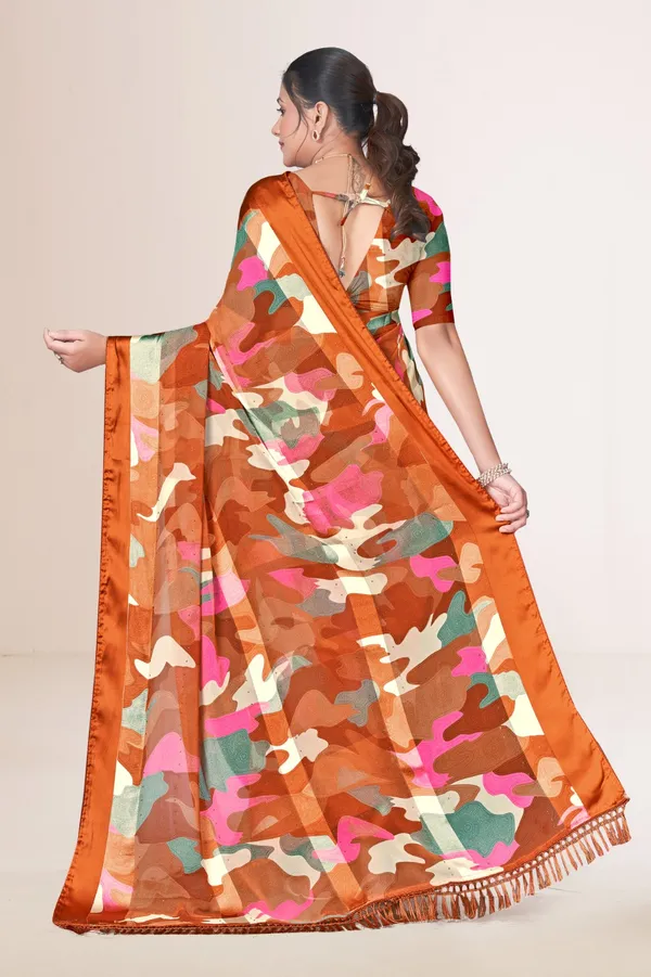 Orange_Camouflage_Print_Silk_Saree_With_Matching_Blouse
