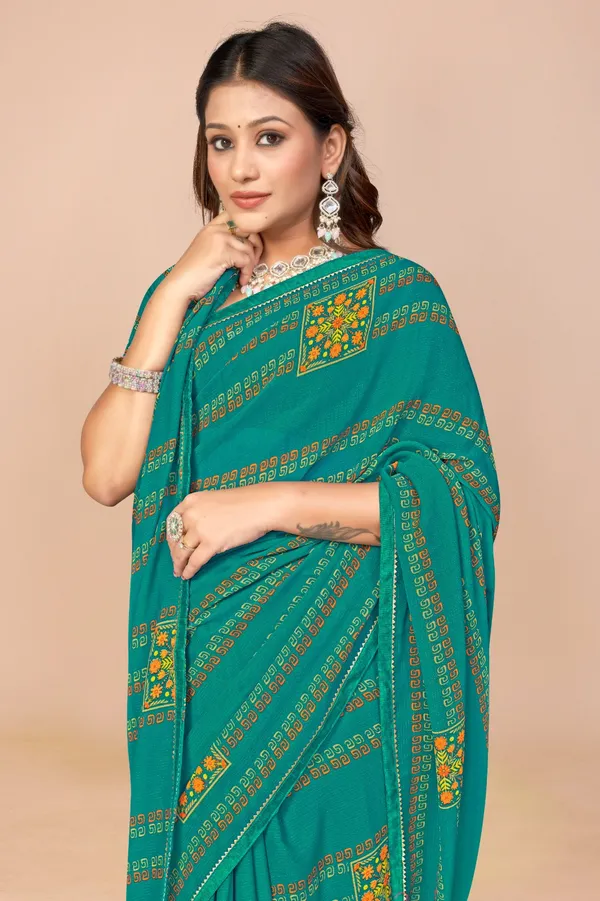 Teal_Green_Bandhani_Print_Saree_With_Floral_Embroidered_Patches
