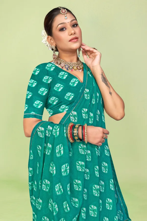 Teal_Green_Bandhani_Print_Saree_With_Blouse