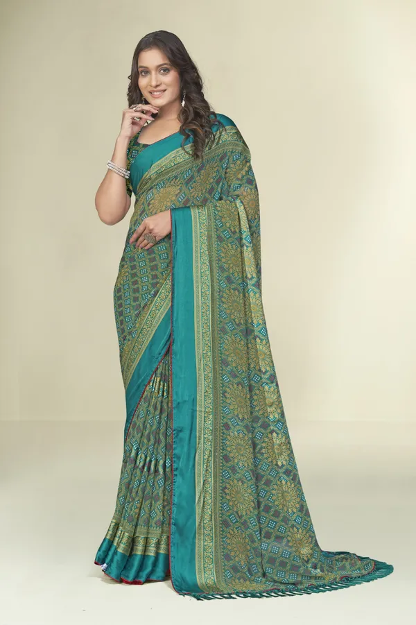 Teal_Green_Printed_Saree_With_Matching_Blouse