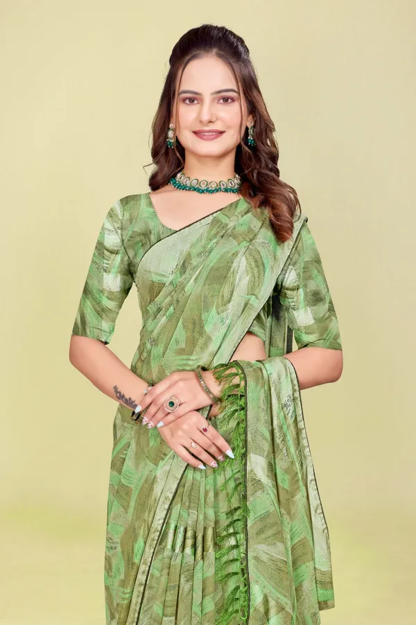 Elegant_Green_Printed_Chiffon_Saree_With_Matching_Blouse