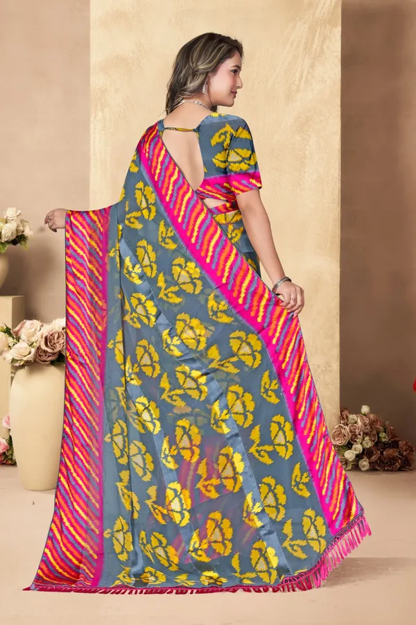 Grey_And_Yellow_Printed_Saree_With_Pink_Border