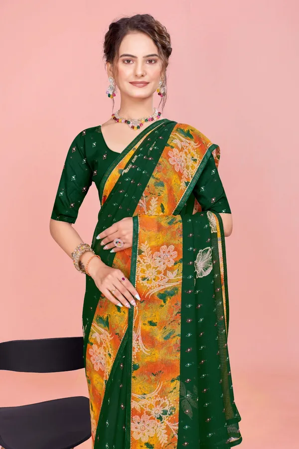 Green_And_Orange_Floral_Print_Saree_With_Embellished_Blouse