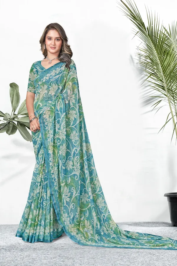 Turquoise_Blue_&_Green_Floral_Printed_Saree_With_Matching_Blouse