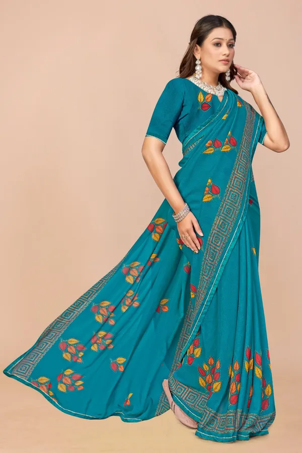 Teal_Blue_Embroidered_Floral_Saree_With_Geometric_Border