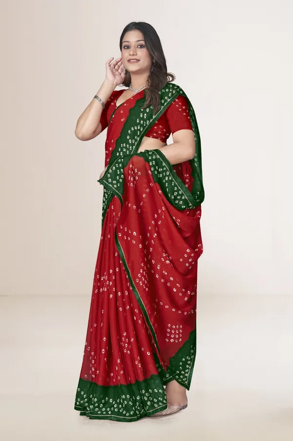 Red_And_Green_Bandhani_Saree_With_Traditional_Tie_Dye_Pattern