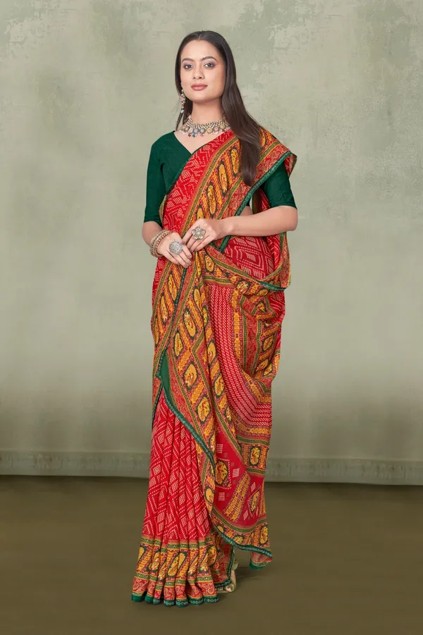 Traditional_Red_Bandhani_Saree_With_Green_Blouse