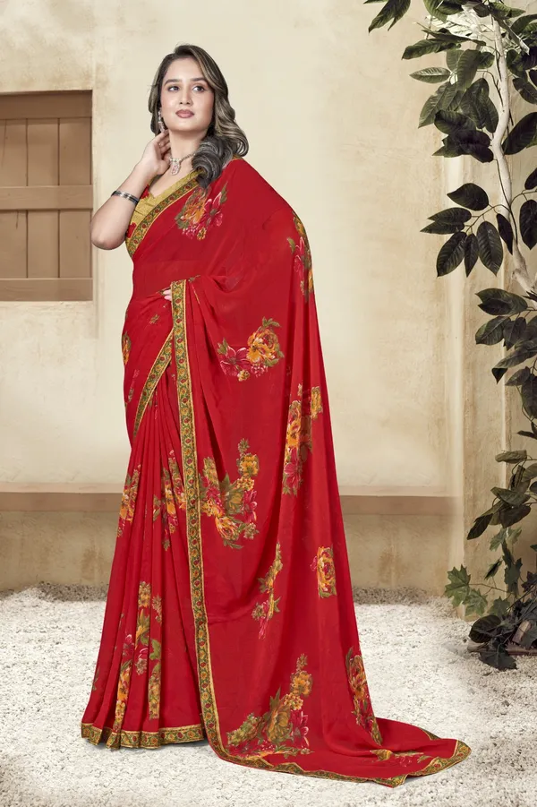 Red_Floral_Embroidered_Saree_With_Golden_Border_And_Blouse