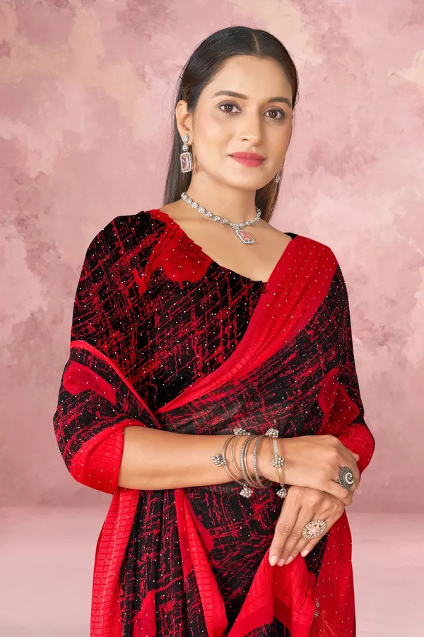 Red_And_Black_Floral_Print_Saree_With_Red_Border