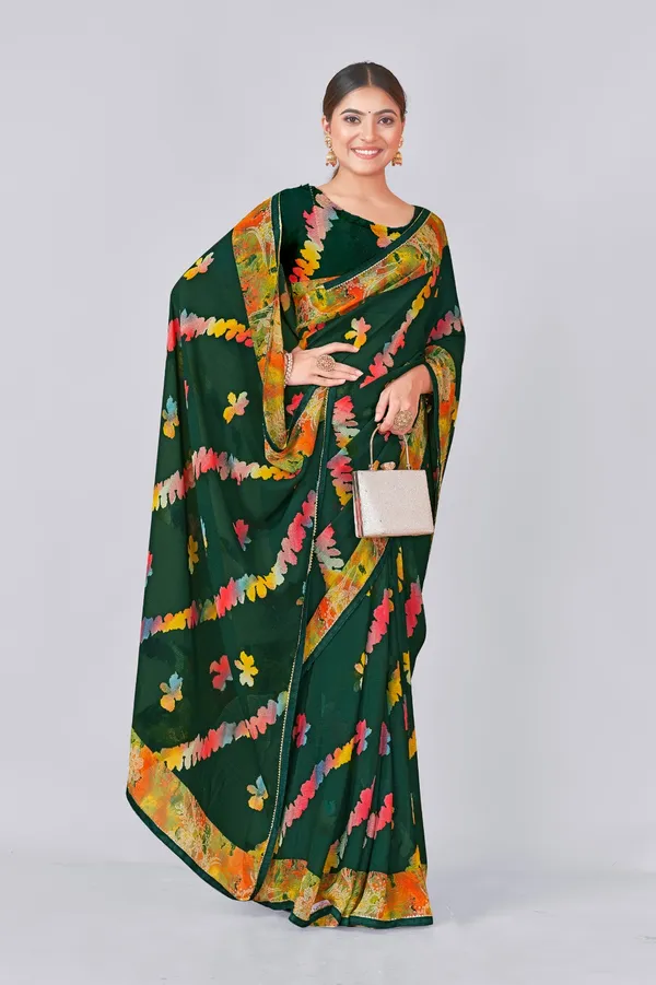 Dark_Green_Floral_Embroidered_Saree_With_Contrast_Border