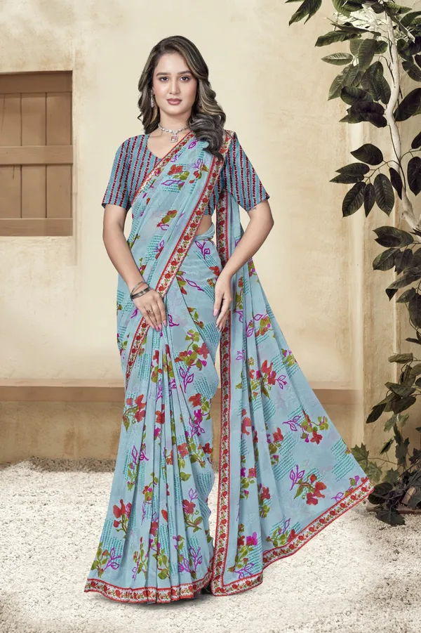 Sky_Blue_Floral_Printed_Saree_With_Embroidered_Border_And_Striped_Blouse