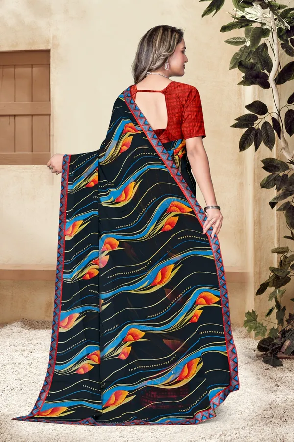 Black_Printed_Saree_With_Colorful_Wave_Pattern_And_Red_Border