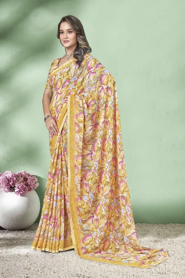 Yellow_Floral_Print_Saree_With_Matching_Blouse