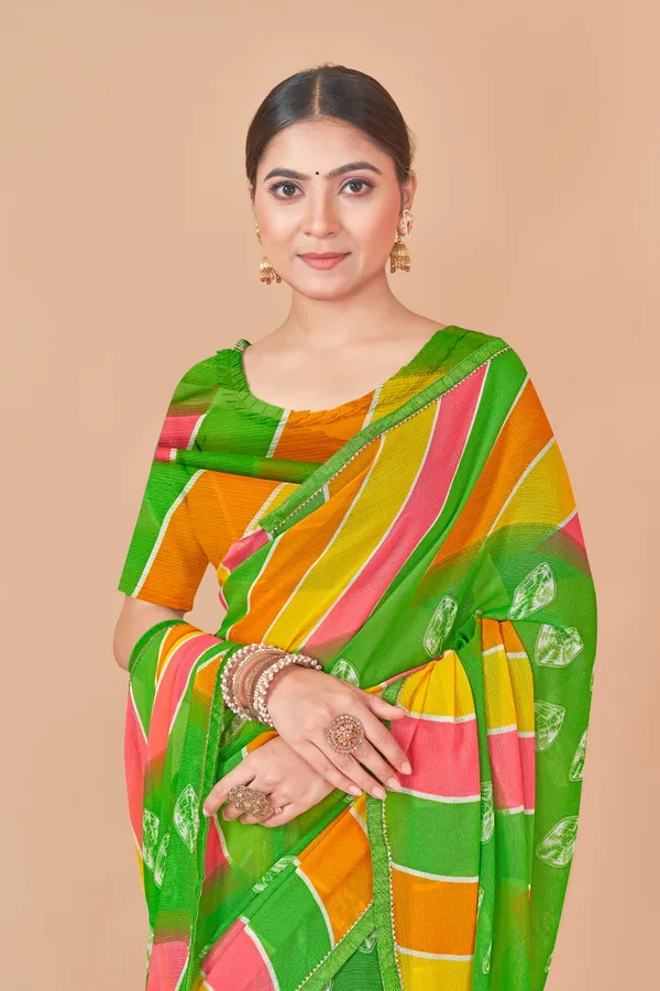 Green_Leheriya_Saree_With_Multicolor_Stripes_And_Gota_Patti_Work