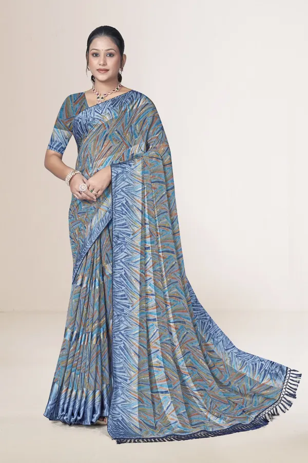 Blue_And_Grey_Printed_Cotton_Blend_Saree_With_Tasseled_Border