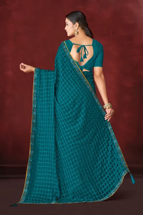 Teal_Blue_Embellished_Georgette_Saree_With_Blouse