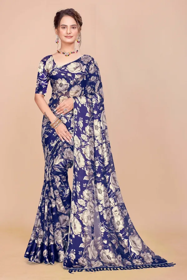 Navy_Blue_Floral_Print_Saree_With_Blouse