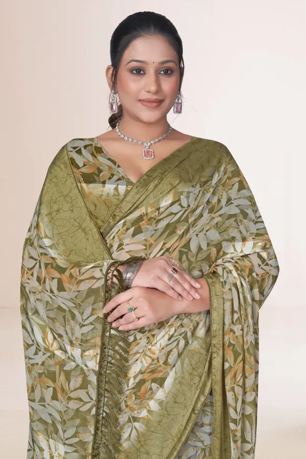 Olive_Green_Floral_Print_Saree_With_Leaf_Pattern_And_Border
