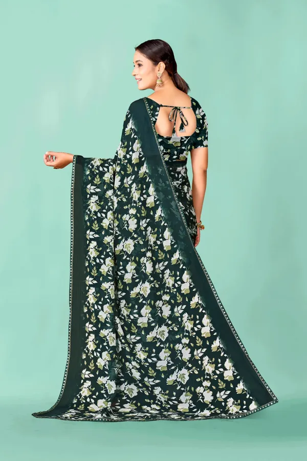 Elegant_Dark_Green_Floral_Printed_Saree_With_Embellished_Border
