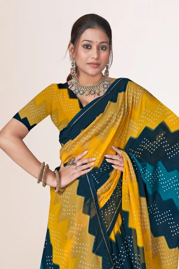 Yellow_And_Teal_Bandhani_Tie_Dye_Saree_With_Blouse_Piece