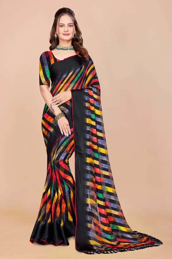 Black_Multicolor_Striped_Satin_Silk_Saree_With_Printed_Border