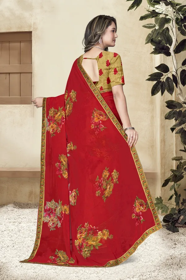Red_Floral_Embroidered_Saree_With_Golden_Border_And_Blouse