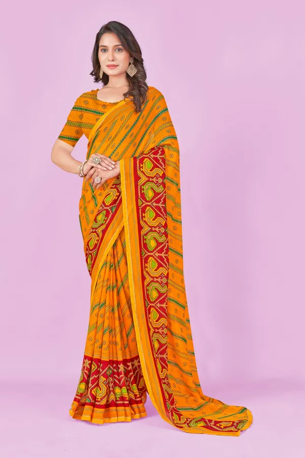 Traditional_Orange_Bandhani_Saree_With_Red_Border_And_Green_Motifs