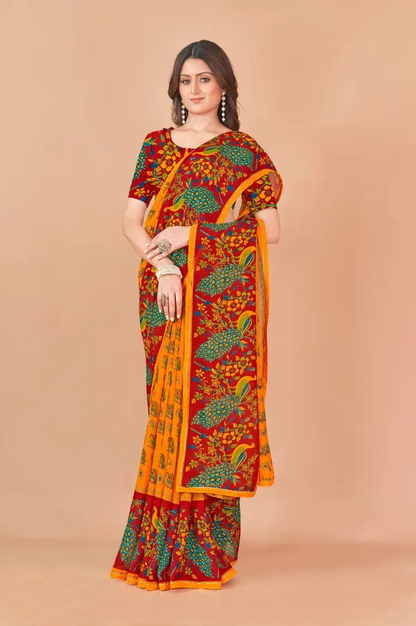 Vibrant_Multicolor_Peacock_Print_Saree_With_Orange_Border