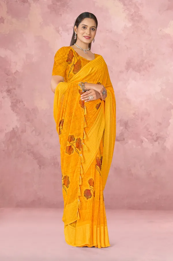 Yellow_Floral_Print_Saree_With_Blouse