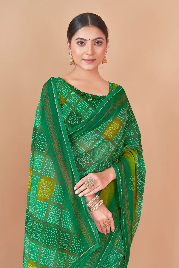 Green_Bandhani_Saree_With_Yellow_Accents_And_Traditional_Tie_Dye_Pattern