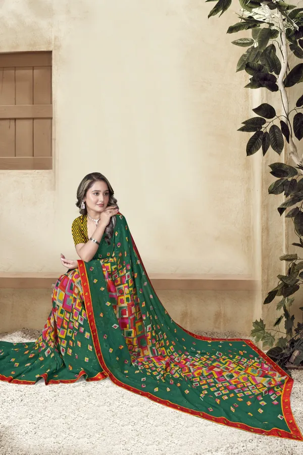Green_Traditional_Printed_Saree_With_Colorful_Geometric_Pattern_And_Red_Border
