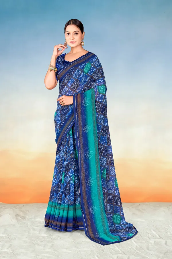 Blue_And_Turquoise_Bandhani_Print_Georgette_Saree_With_Border